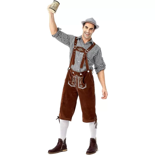 IDOPIP Men Oktoberfest Costume German Bavarian Lederhosen Shorts Set with Hat for Halloween Dress Up Party and Beer FestivalBlack  Brown