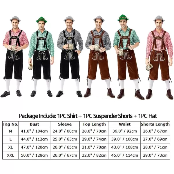 IDOPIP Men Oktoberfest Costume German Bavarian Lederhosen Shorts Set with Hat for Halloween Dress Up Party and Beer FestivalBlack  Brown