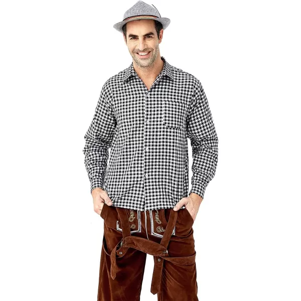 IDOPIP Men Oktoberfest Costume German Bavarian Lederhosen Shorts Set with Hat for Halloween Dress Up Party and Beer FestivalBlack  Brown