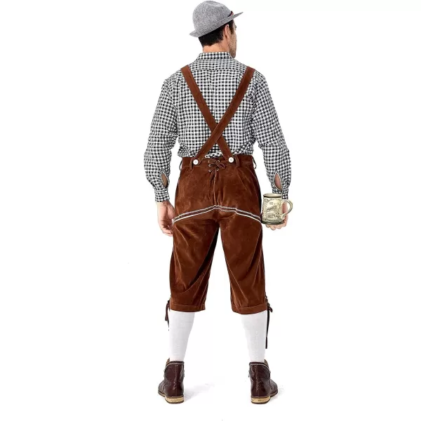 IDOPIP Men Oktoberfest Costume German Bavarian Lederhosen Shorts Set with Hat for Halloween Dress Up Party and Beer FestivalBlack  Brown