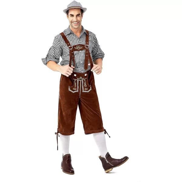 IDOPIP Men Oktoberfest Costume German Bavarian Lederhosen Shorts Set with Hat for Halloween Dress Up Party and Beer FestivalBlack  Brown