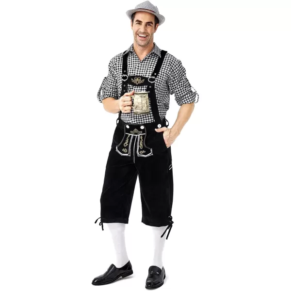 IDOPIP Men Oktoberfest Costume German Bavarian Lederhosen Shorts Set with Hat for Halloween Dress Up Party and Beer FestivalBlack