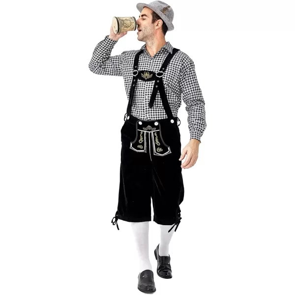 IDOPIP Men Oktoberfest Costume German Bavarian Lederhosen Shorts Set with Hat for Halloween Dress Up Party and Beer FestivalBlack