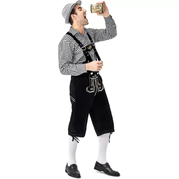 IDOPIP Men Oktoberfest Costume German Bavarian Lederhosen Shorts Set with Hat for Halloween Dress Up Party and Beer FestivalBlack