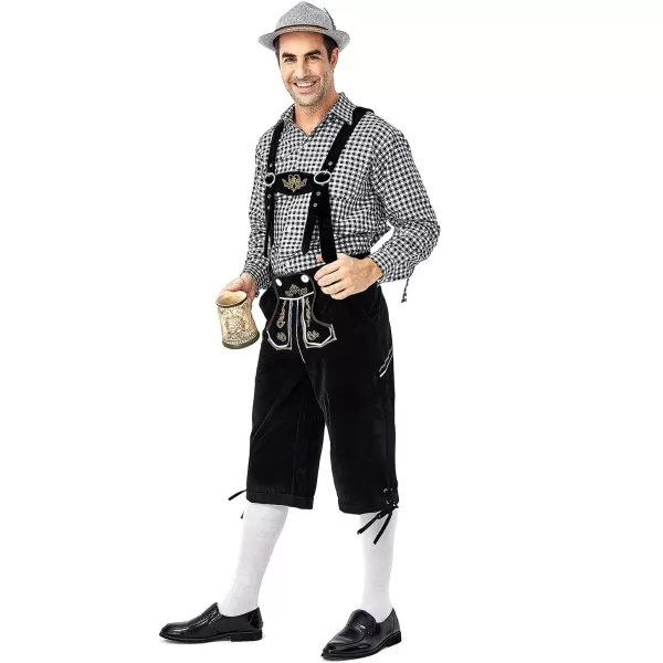 IDOPIP Men Oktoberfest Costume German Bavarian Lederhosen Shorts Set with Hat for Halloween Dress Up Party and Beer FestivalBlack