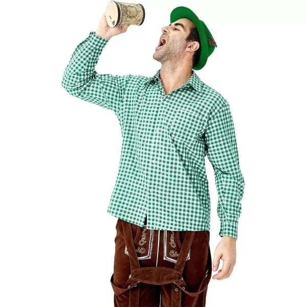 IDOPIP Men Oktoberfest Costume German Bavarian Lederhosen Shorts Set with Hat for Halloween Dress Up Party and Beer FestivalGreen  Brown