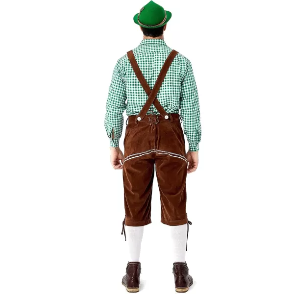 IDOPIP Men Oktoberfest Costume German Bavarian Lederhosen Shorts Set with Hat for Halloween Dress Up Party and Beer FestivalGreen  Brown