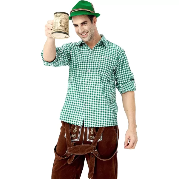 IDOPIP Men Oktoberfest Costume German Bavarian Lederhosen Shorts Set with Hat for Halloween Dress Up Party and Beer FestivalGreen  Brown