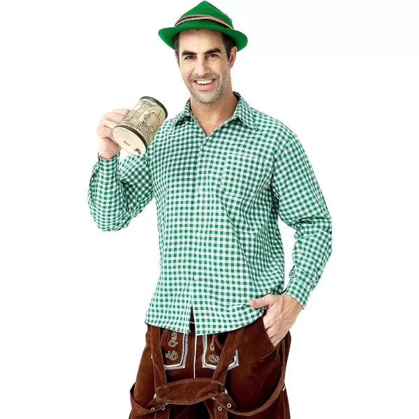 IDOPIP Men Oktoberfest Costume German Bavarian Lederhosen Shorts Set with Hat for Halloween Dress Up Party and Beer FestivalGreen  Brown