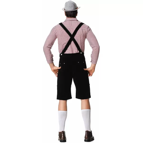 IDOPIP Men Oktoberfest Costume German Bavarian Lederhosen Shorts Set with Hat for Halloween Dress Up Party and Beer FestivalRed  Black