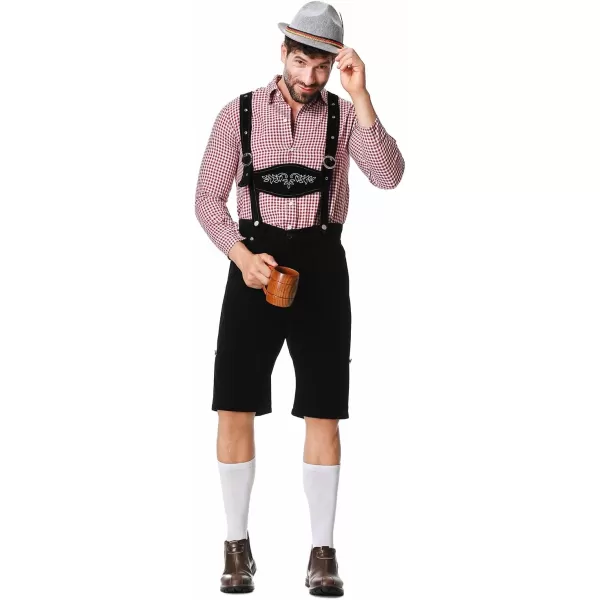 IDOPIP Men Oktoberfest Costume German Bavarian Lederhosen Shorts Set with Hat for Halloween Dress Up Party and Beer FestivalRed  Black