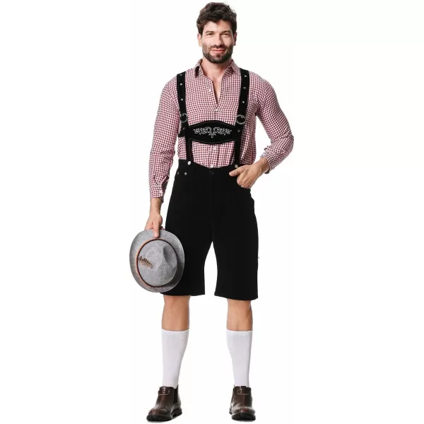 IDOPIP Men Oktoberfest Costume German Bavarian Lederhosen Shorts Set with Hat for Halloween Dress Up Party and Beer FestivalRed  Black