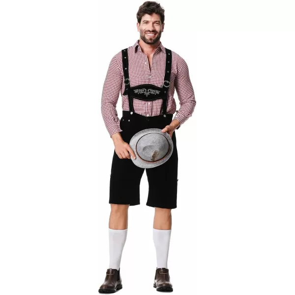 IDOPIP Men Oktoberfest Costume German Bavarian Lederhosen Shorts Set with Hat for Halloween Dress Up Party and Beer FestivalRed  Black