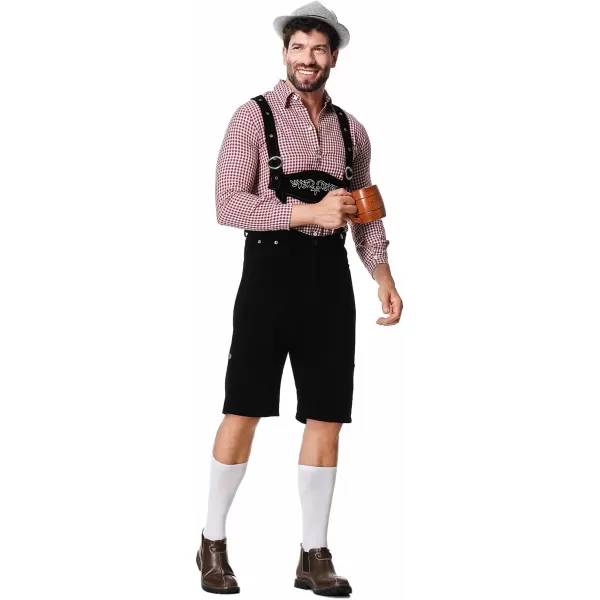 IDOPIP Men Oktoberfest Costume German Bavarian Lederhosen Shorts Set with Hat for Halloween Dress Up Party and Beer FestivalRed  Black