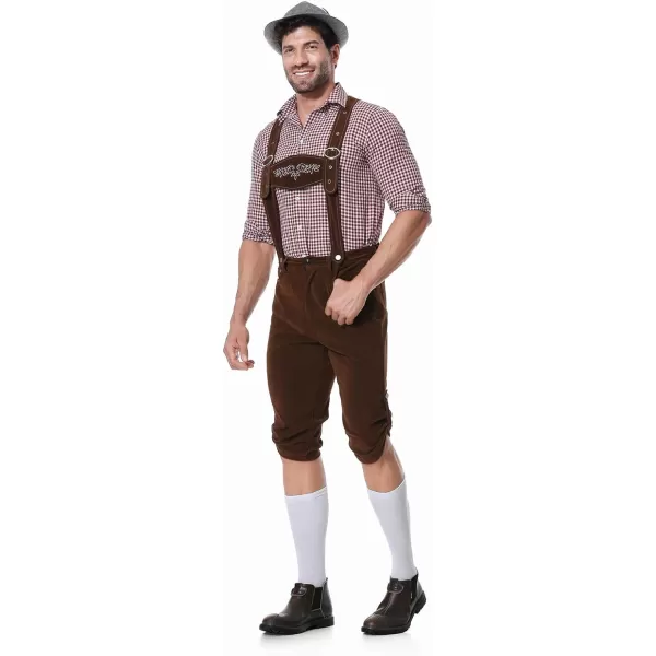 IDOPIP Men Oktoberfest Costume German Bavarian Lederhosen Shorts Set with Hat for Halloween Dress Up Party and Beer FestivalRed  Coffee