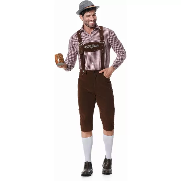 IDOPIP Men Oktoberfest Costume German Bavarian Lederhosen Shorts Set with Hat for Halloween Dress Up Party and Beer FestivalRed  Coffee