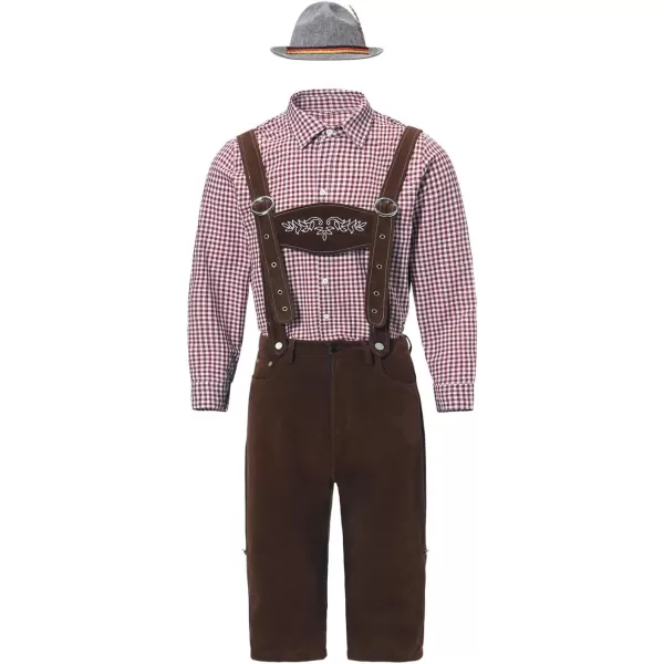 IDOPIP Men Oktoberfest Costume German Bavarian Lederhosen Shorts Set with Hat for Halloween Dress Up Party and Beer FestivalRed  Coffee