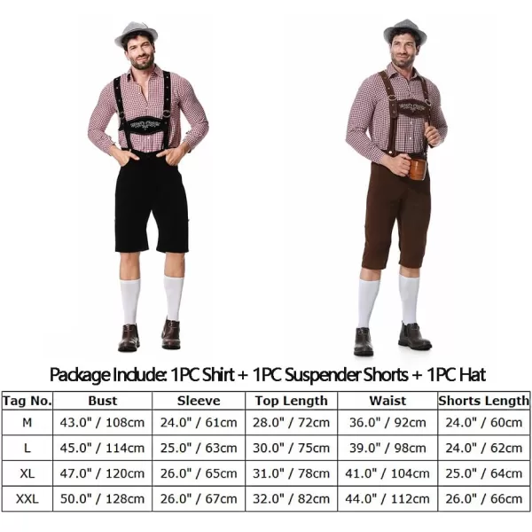 IDOPIP Men Oktoberfest Costume German Bavarian Lederhosen Shorts Set with Hat for Halloween Dress Up Party and Beer FestivalRed  Coffee