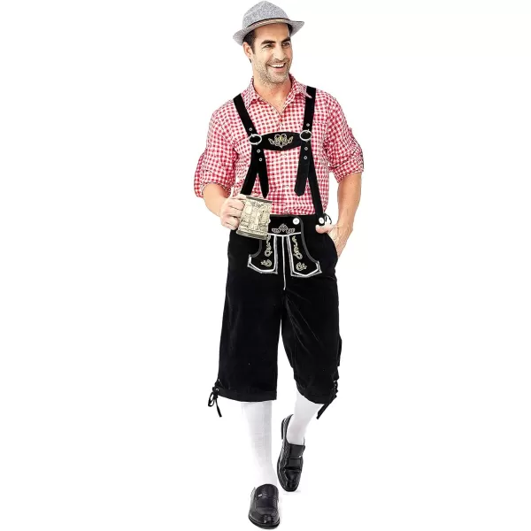 IDOPIP Men Oktoberfest Costume German Bavarian Lederhosen Shorts Set with Hat for Halloween Dress Up Party and Beer FestivalRed