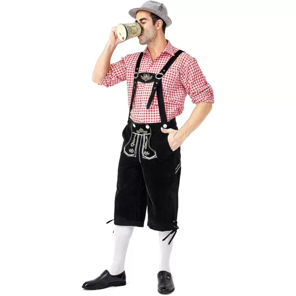 IDOPIP Men Oktoberfest Costume German Bavarian Lederhosen Shorts Set with Hat for Halloween Dress Up Party and Beer FestivalRed