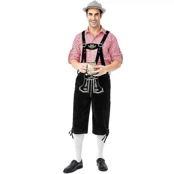 IDOPIP Men Oktoberfest Costume German Bavarian Lederhosen Shorts Set with Hat for Halloween Dress Up Party and Beer FestivalRed