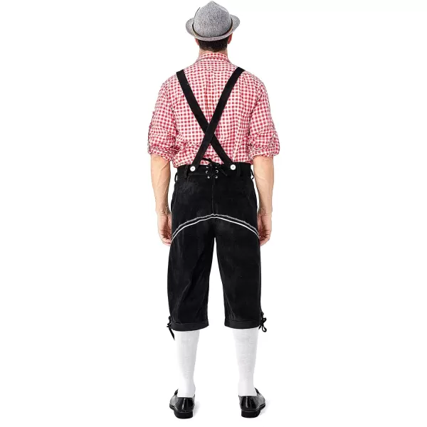 IDOPIP Men Oktoberfest Costume German Bavarian Lederhosen Shorts Set with Hat for Halloween Dress Up Party and Beer FestivalRed