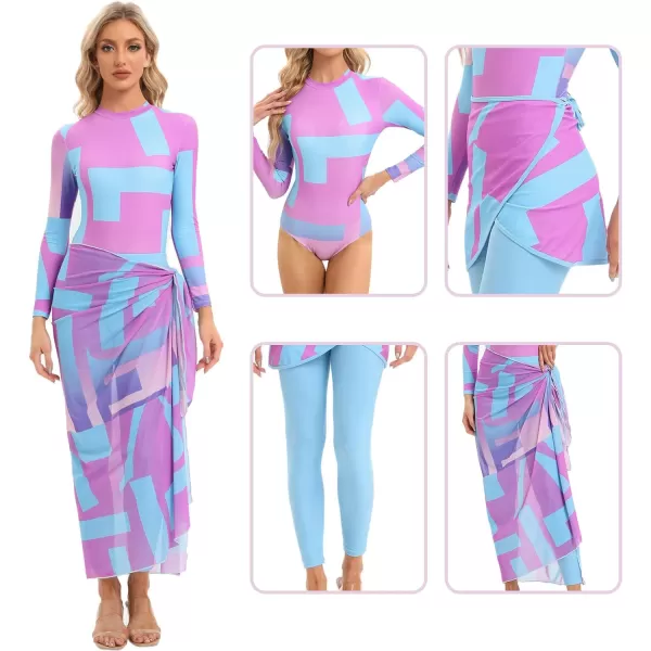 IDOPIP Muslim Burkini Swimsuits for Women Long Sleeve Swim Shirt Bodysuit with Pants Cover up Beach Skirt 34PCS Bathing SuitPurple 4pcs