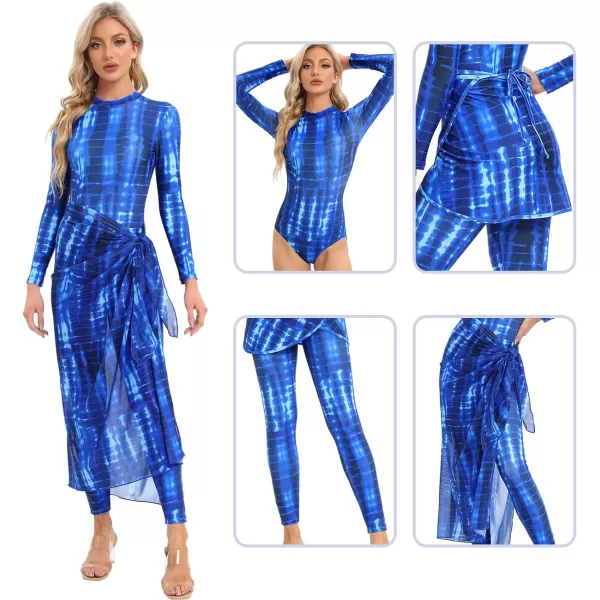 IDOPIP Muslim Burkini Swimsuits for Women Long Sleeve Swim Shirt Bodysuit with Pants Cover up Beach Skirt 34PCS Bathing SuitRoyal Blue 4pcs