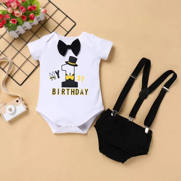 IDOPIP My 12 Birthday Outfit Boy Baby Half Way to One Cake Smash Photo Props Romper Suspenders Bloomers Headband Clothes SetBlack 1st Birthday