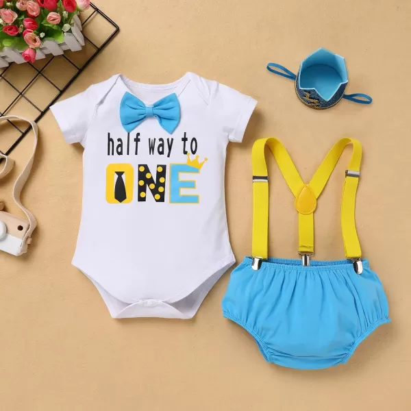 IDOPIP My 12 Birthday Outfit Boy Baby Half Way to One Cake Smash Photo Props Romper Suspenders Bloomers Headband Clothes SetBlue