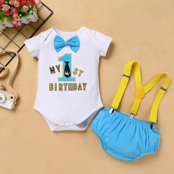 IDOPIP My 12 Birthday Outfit Boy Baby Half Way to One Cake Smash Photo Props Romper Suspenders Bloomers Headband Clothes SetBlue 1st Birthday