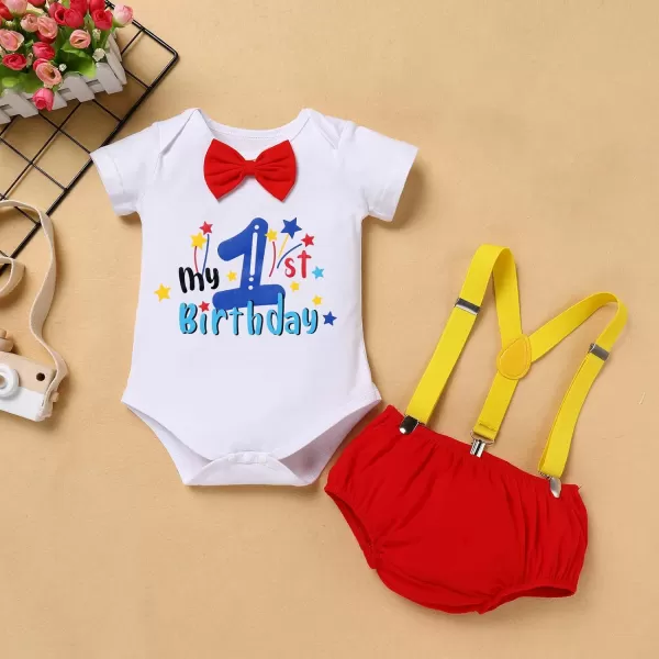 IDOPIP My 12 Birthday Outfit Boy Baby Half Way to One Cake Smash Photo Props Romper Suspenders Bloomers Headband Clothes SetRed 1st Birthday