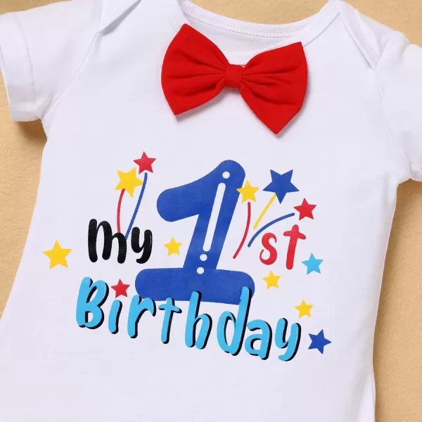 IDOPIP My 12 Birthday Outfit Boy Baby Half Way to One Cake Smash Photo Props Romper Suspenders Bloomers Headband Clothes SetRed 1st Birthday