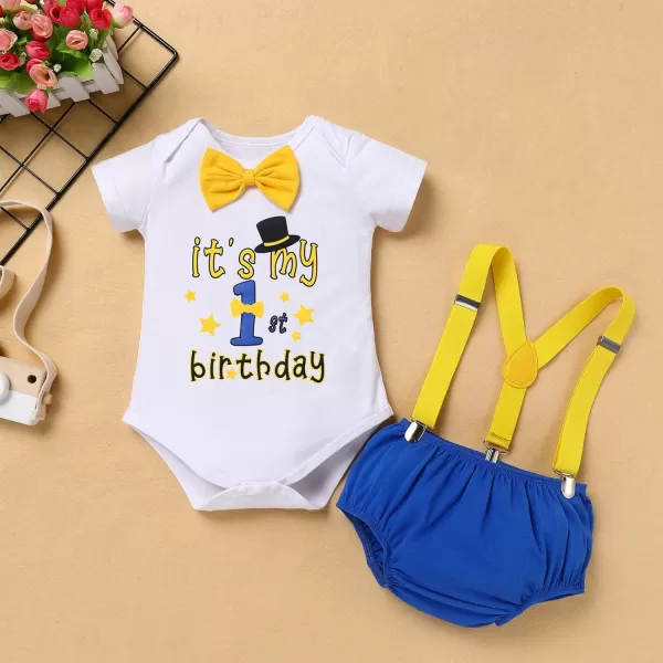 IDOPIP My 12 Birthday Outfit Boy Baby Half Way to One Cake Smash Photo Props Romper Suspenders Bloomers Headband Clothes SetRoyal Blue 1st Birthday