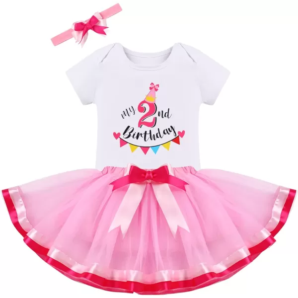 IDOPIP My 1st 2nd 3rd Birthday Girl Outfit Baby Romper Shirt Tutu Skirt Headband 3PCS Clothes Set for Cake Smash Photo PropPink  2nd Birthday