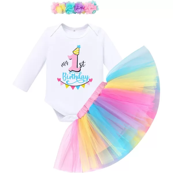 IDOPIP My 1st 2nd 3rd Birthday Girl Outfit Baby Romper Shirt Tutu Skirt Headband 3PCS Clothes Set for Cake Smash Photo PropRainbow  1st Birthday Long Sleeve