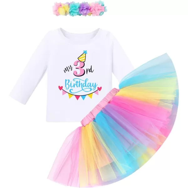 IDOPIP My 1st 2nd 3rd Birthday Girl Outfit Baby Romper Shirt Tutu Skirt Headband 3PCS Clothes Set for Cake Smash Photo PropRainbow  3rd Birthday Long Sleeve