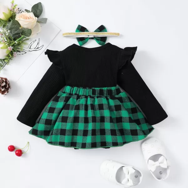 IDOPIP My First Christmas Baby Girl Outfit Long Sleeve Xmas Plaid Romper Bodysuit Tutu Dress Headband Winter Fall ClothesGreen Plaid