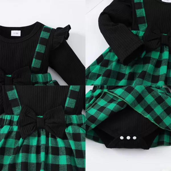 IDOPIP My First Christmas Baby Girl Outfit Long Sleeve Xmas Plaid Romper Bodysuit Tutu Dress Headband Winter Fall ClothesGreen Plaid