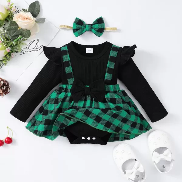 IDOPIP My First Christmas Baby Girl Outfit Long Sleeve Xmas Plaid Romper Bodysuit Tutu Dress Headband Winter Fall ClothesGreen Plaid