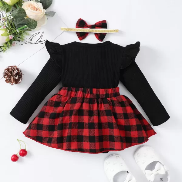 IDOPIP My First Christmas Baby Girl Outfit Long Sleeve Xmas Plaid Romper Bodysuit Tutu Dress Headband Winter Fall ClothesRed Plaid