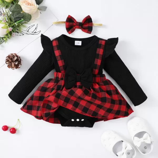 IDOPIP My First Christmas Baby Girl Outfit Long Sleeve Xmas Plaid Romper Bodysuit Tutu Dress Headband Winter Fall ClothesRed Plaid