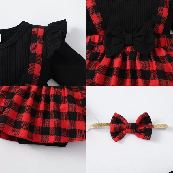 IDOPIP My First Christmas Baby Girl Outfit Long Sleeve Xmas Plaid Romper Bodysuit Tutu Dress Headband Winter Fall ClothesRed Plaid