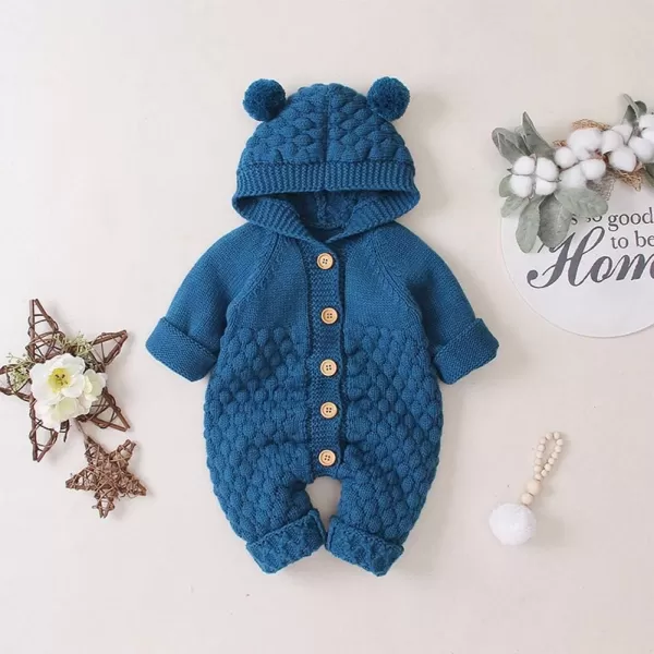 IDOPIP Newborn Baby Bear Ear Hooded Knit Romper Jumpsuit Overall One Piece Bodysuit for Boy Girl Warm Sweater Outerwear 024MDark Blue