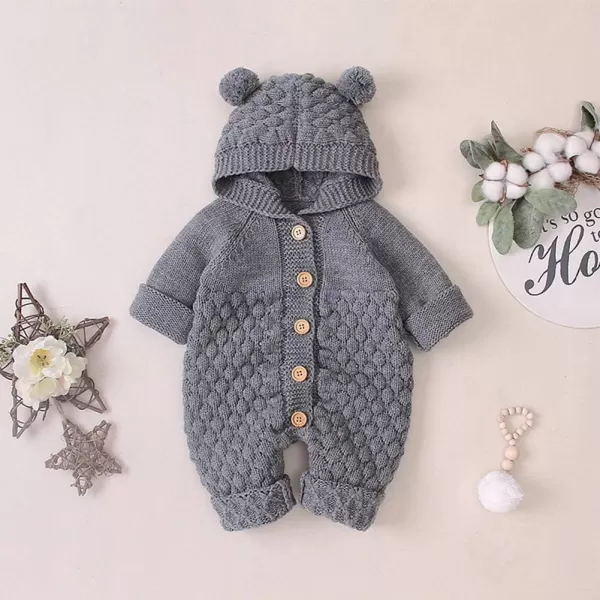 IDOPIP Newborn Baby Bear Ear Hooded Knit Romper Jumpsuit Overall One Piece Bodysuit for Boy Girl Warm Sweater Outerwear 024MGray