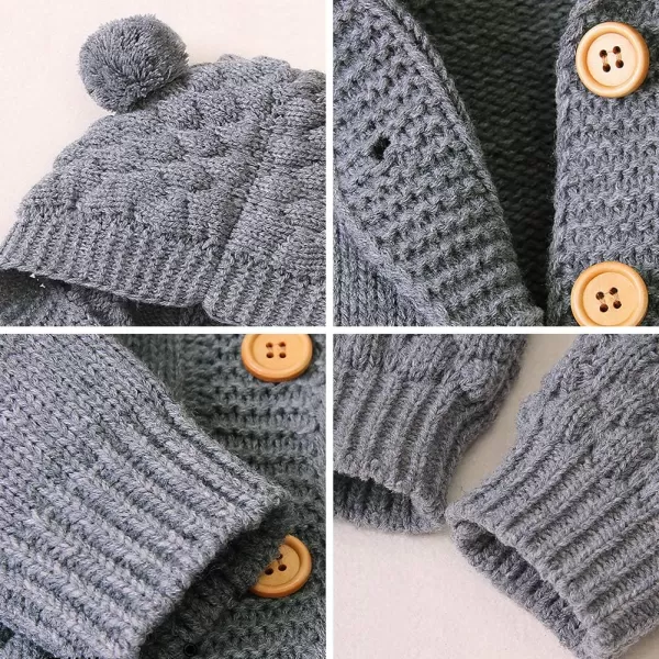 IDOPIP Newborn Baby Bear Ear Hooded Knit Romper Jumpsuit Overall One Piece Bodysuit for Boy Girl Warm Sweater Outerwear 024MGray