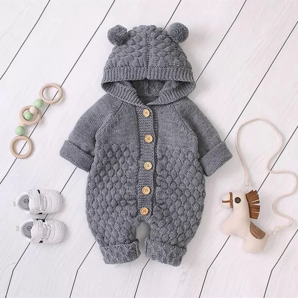 IDOPIP Newborn Baby Bear Ear Hooded Knit Romper Jumpsuit Overall One Piece Bodysuit for Boy Girl Warm Sweater Outerwear 024MGray