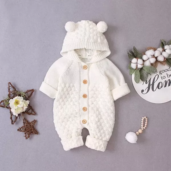 IDOPIP Newborn Baby Bear Ear Hooded Knit Romper Jumpsuit Overall One Piece Bodysuit for Boy Girl Warm Sweater Outerwear 024MIvory