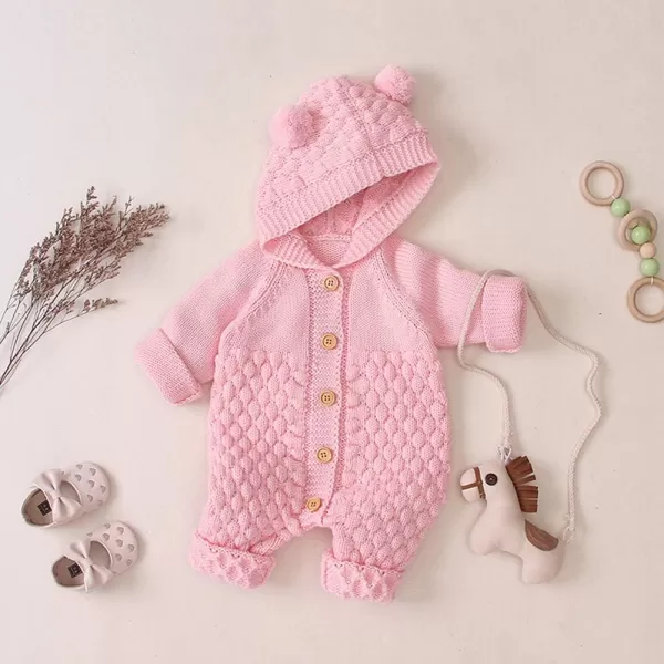 IDOPIP Newborn Baby Bear Ear Hooded Knit Romper Jumpsuit Overall One Piece Bodysuit for Boy Girl Warm Sweater Outerwear 024MPink