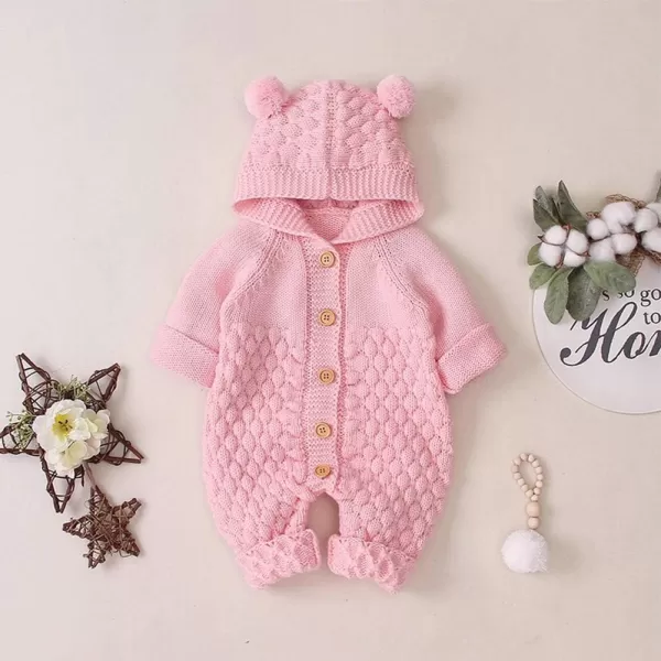 IDOPIP Newborn Baby Bear Ear Hooded Knit Romper Jumpsuit Overall One Piece Bodysuit for Boy Girl Warm Sweater Outerwear 024MPink